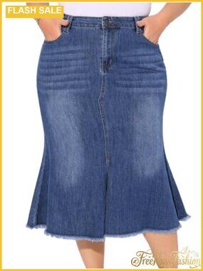 Plus Size High Waist A Line Fishtail Midi Jean Skirt with Pockets